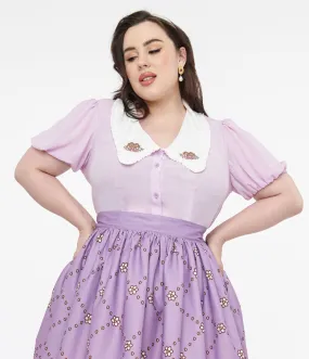 Pusheen x Unique Vintage Plus Size Lavender Pusheen Springtime Embroidered Oversized Collar Blouse