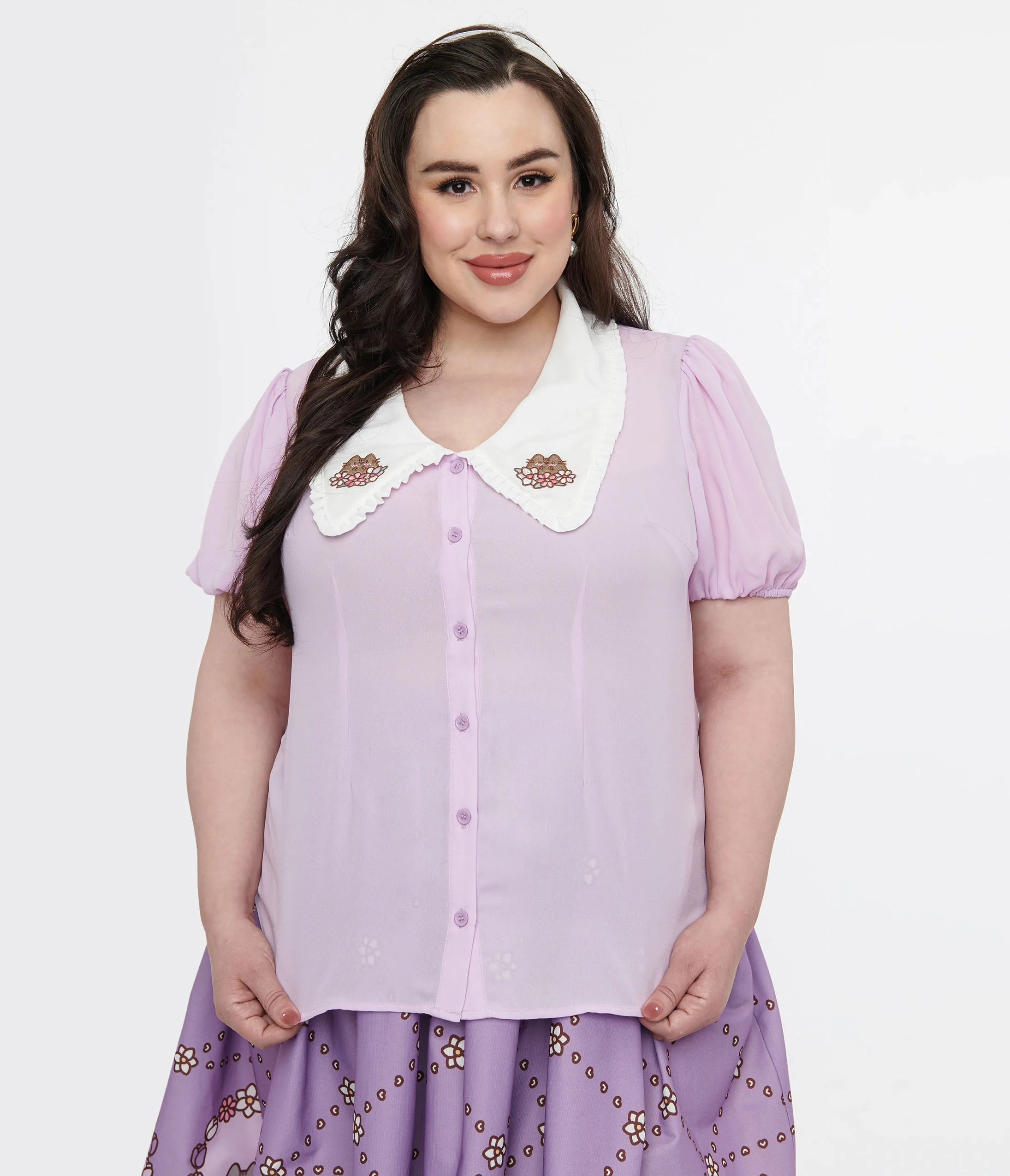 Pusheen x Unique Vintage Plus Size Lavender Pusheen Springtime Embroidered Oversized Collar Blouse