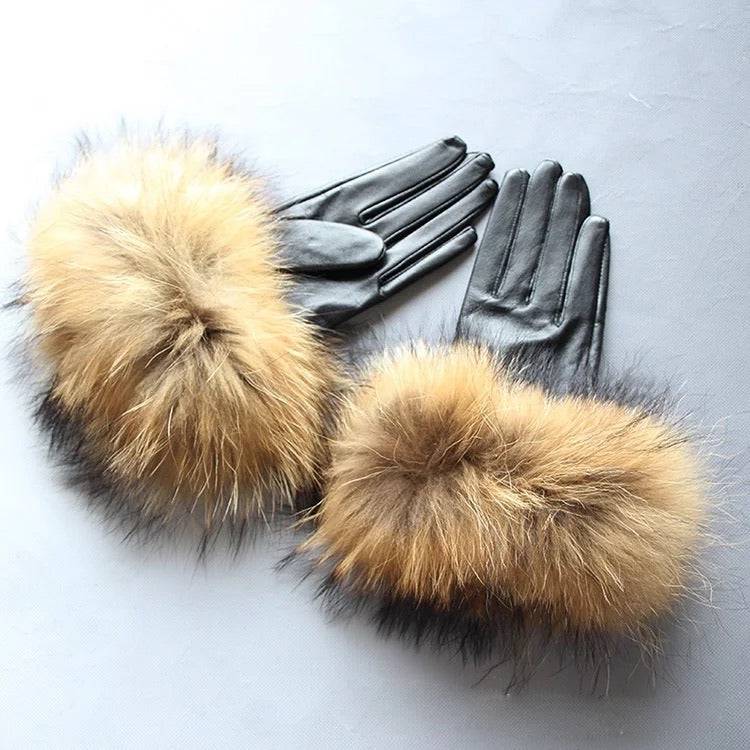 Raccoon Fur Sheepskin Leather Gloves