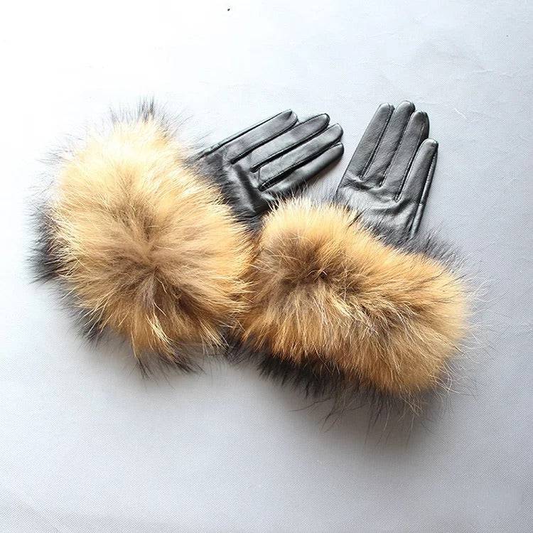 Raccoon Fur Sheepskin Leather Gloves