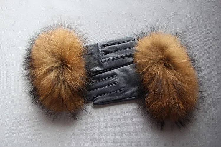 Raccoon Fur Sheepskin Leather Gloves