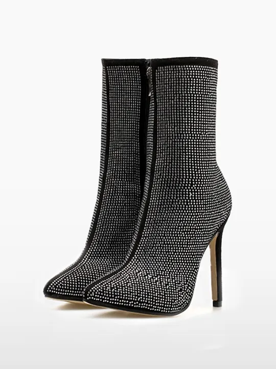 Rhinestone Pointed Toe Side Zipper Boots