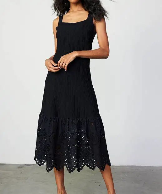 Sleeveless Knit Dress with Eyelet Detail - Black