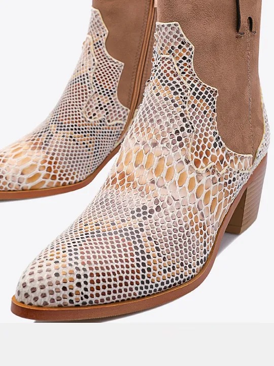 Snakeskin Cowboy Pointed Toe Chunky Heel Zipper Ankle Boots