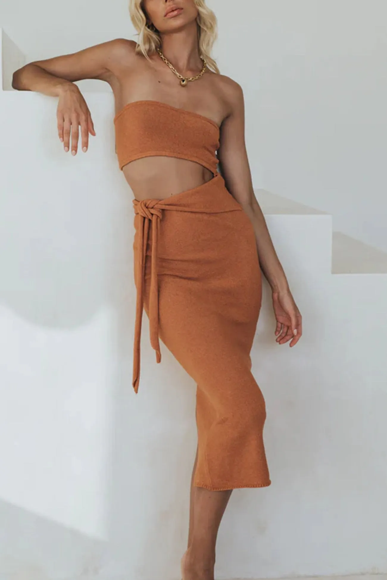 Strapless Cutout Strappy Slit Knit Dress