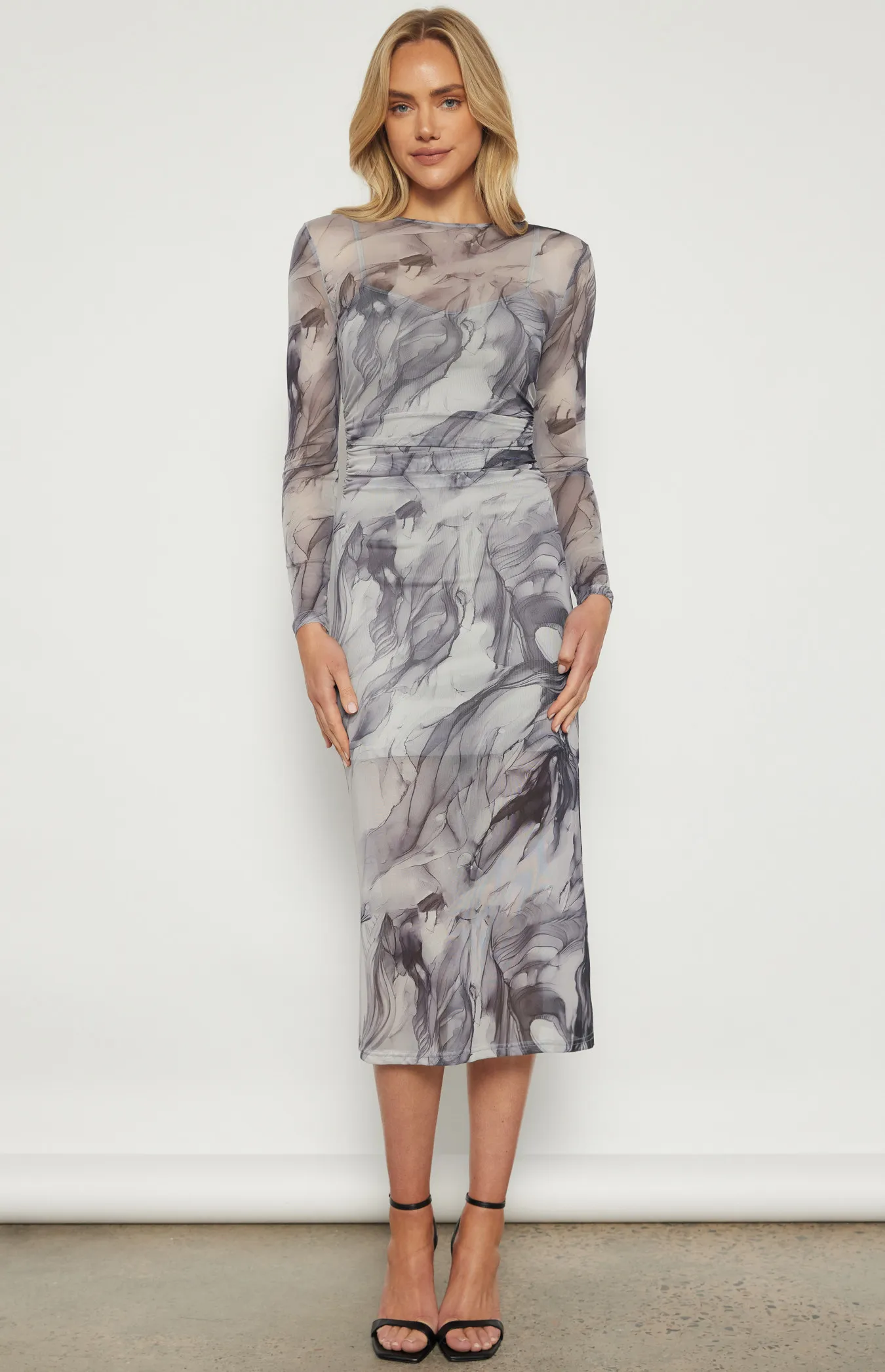 Swirl Print Mesh Midi Dress with Slip Lining (WDR686A)