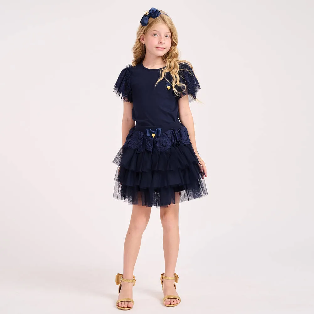 Teen Girls Navy Blue Lace & Tulle Skirt