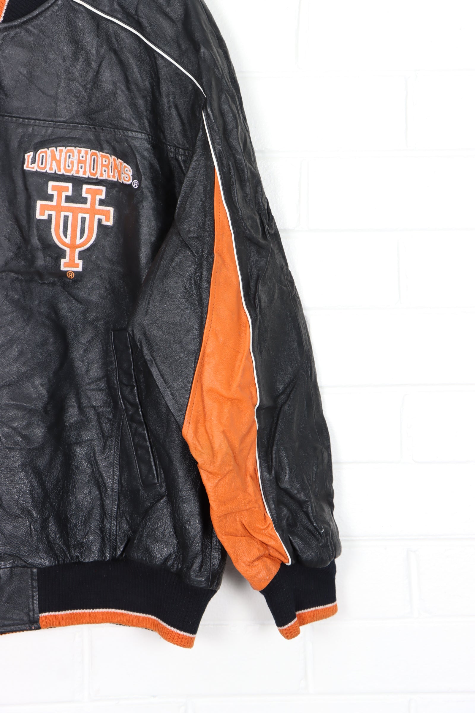 Texas Longhorns NCAA Front Back Embroidered Leather Bomber Jacket (L)