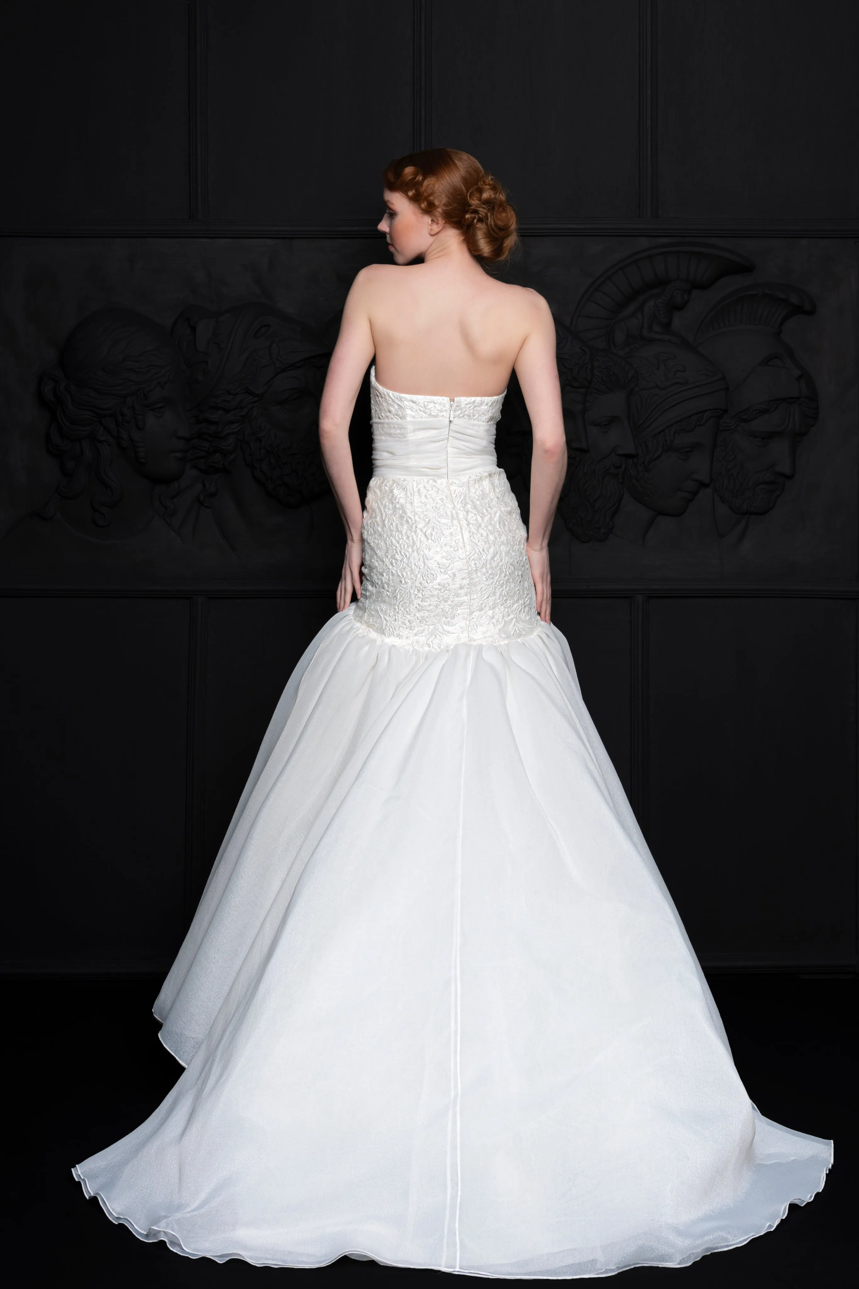 Two Tone Strapless Layered Tulle Skirt Detail Bridal Gown