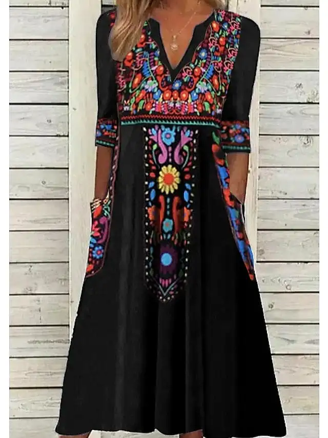 Versatile Women's Black Floral Midi Shift Dress with V Neck and Pocket