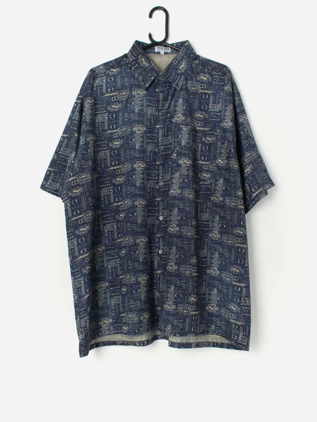 Vintage Thai silk navy shirt with funky abstract pattern – 2XL