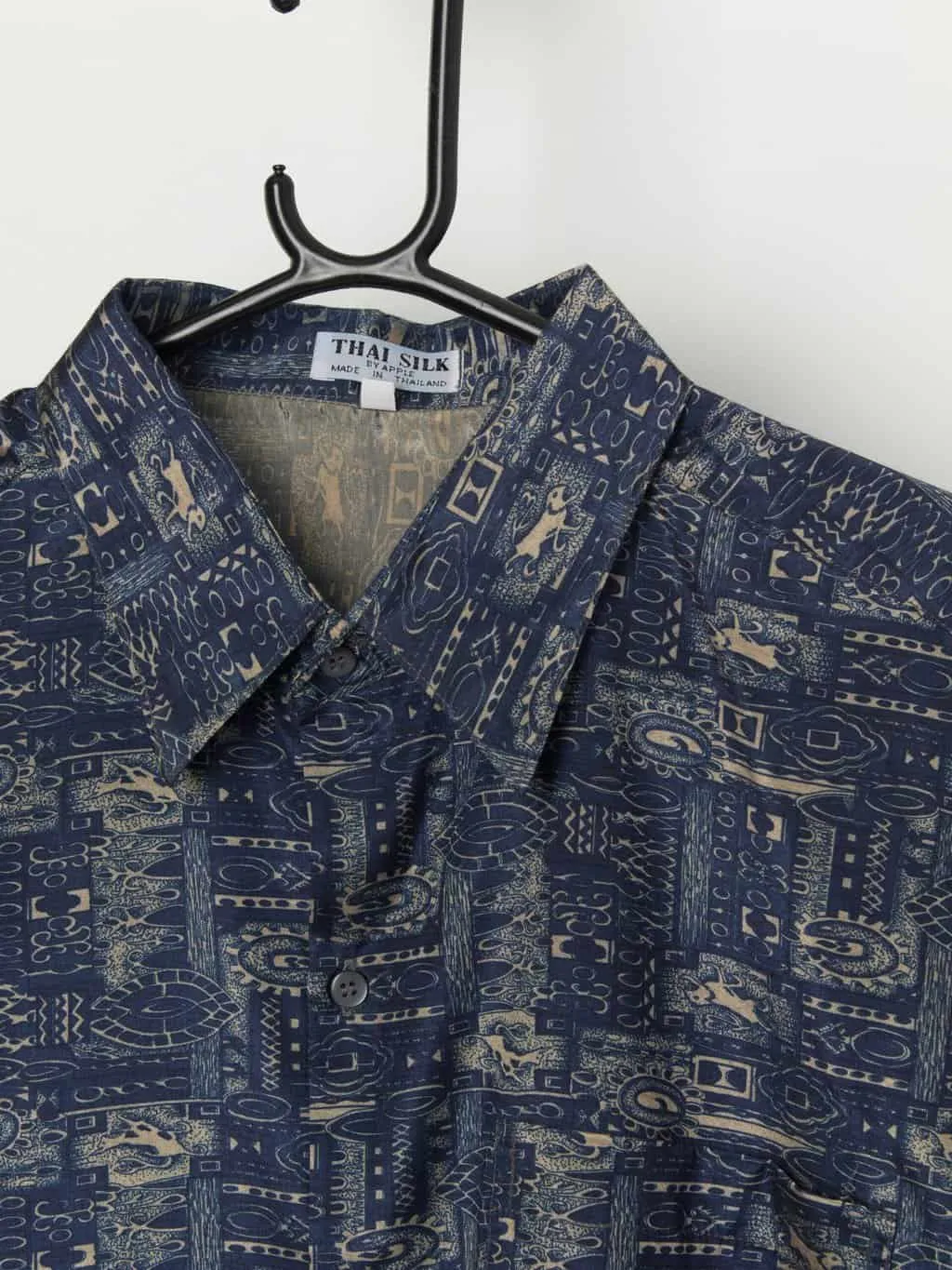 Vintage Thai silk navy shirt with funky abstract pattern – 2XL