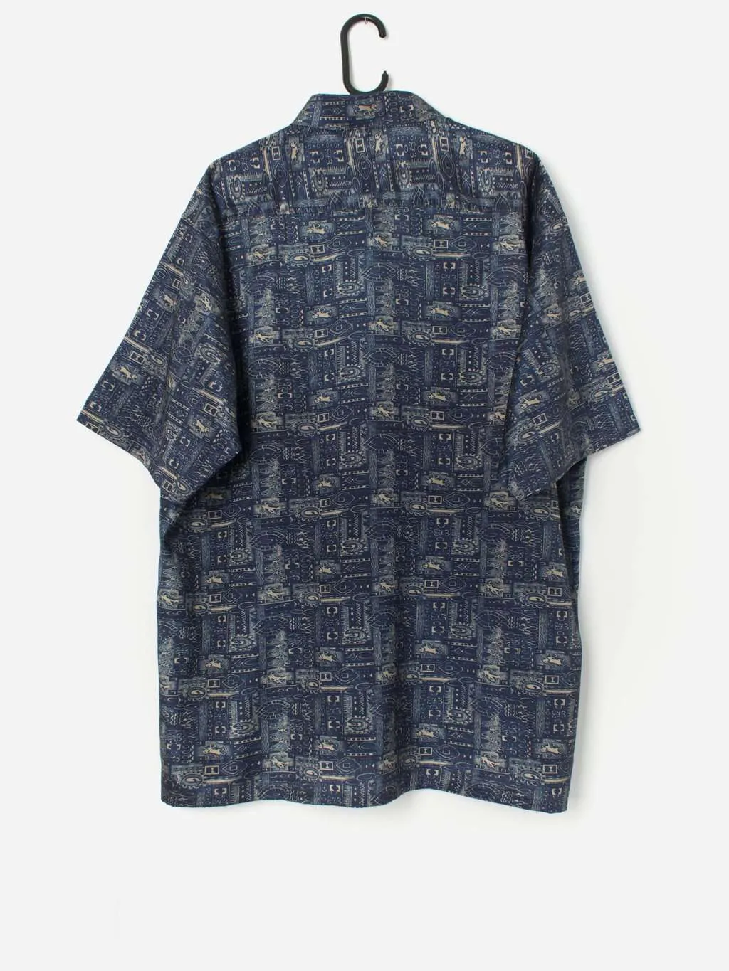 Vintage Thai silk navy shirt with funky abstract pattern – 2XL