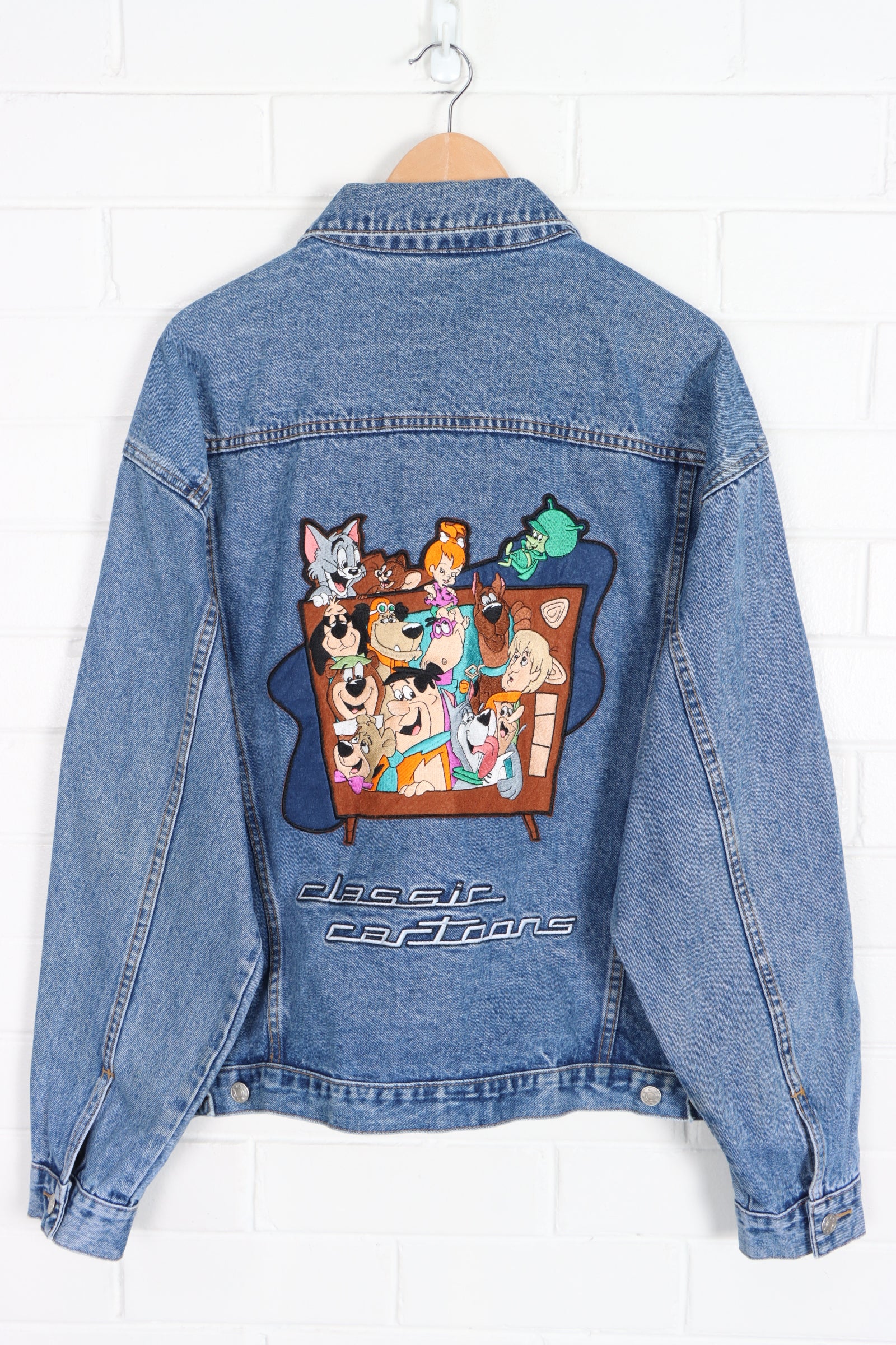 WARNER BROS Classic Cartoons 90s Embroidered Boxy Denim Jacket (XL)