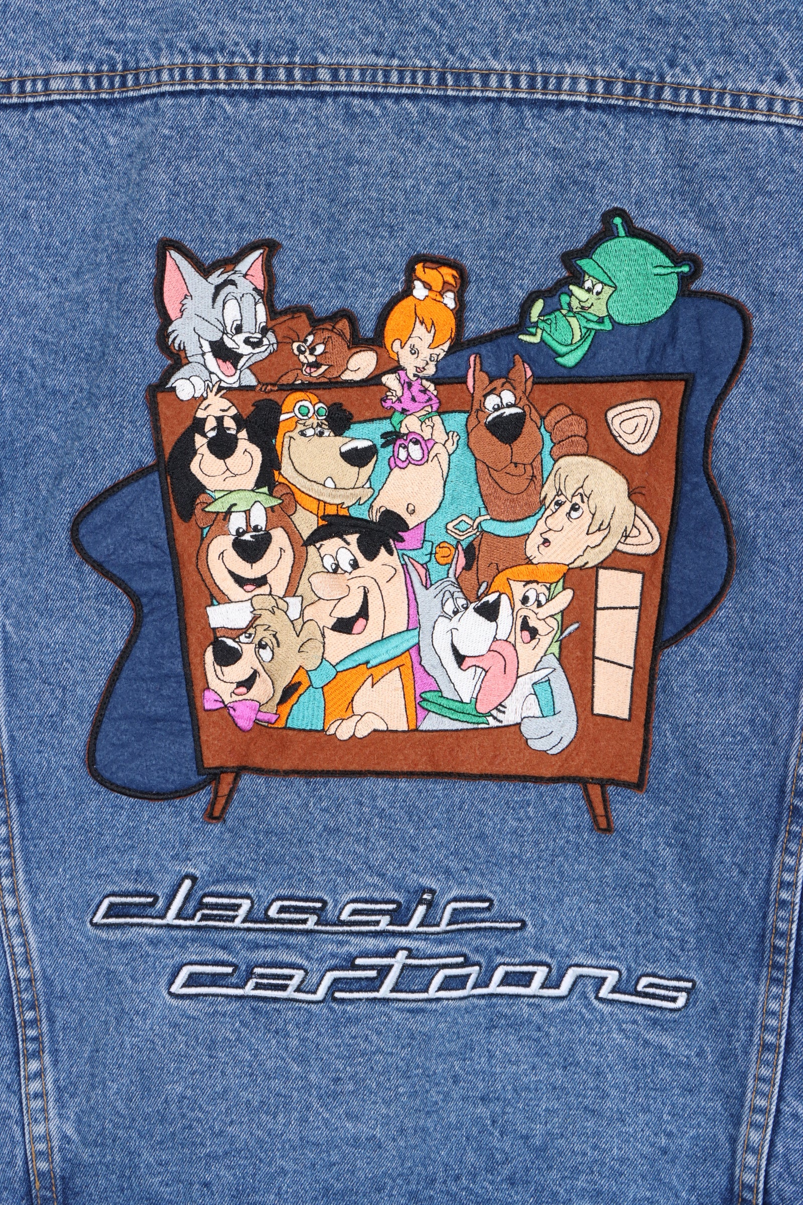 WARNER BROS Classic Cartoons 90s Embroidered Boxy Denim Jacket (XL)