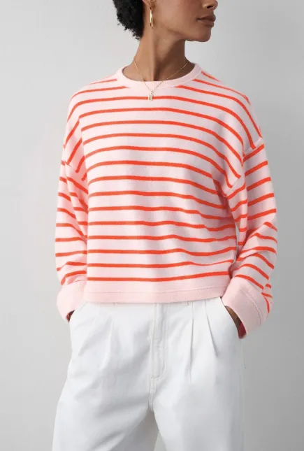 WHITE + WARREN CASHMERE DROP SHOULDER STRIPED SWEATSHIRT