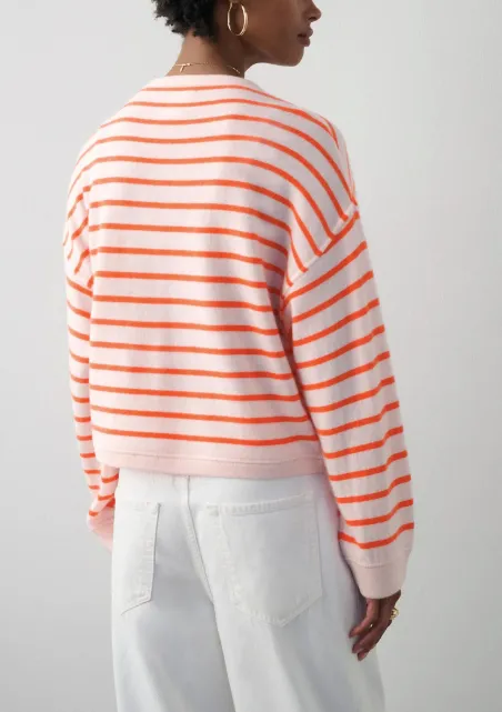 WHITE + WARREN CASHMERE DROP SHOULDER STRIPED SWEATSHIRT