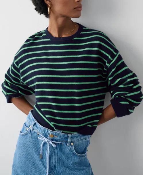 WHITE + WARREN CASHMERE DROP SHOULDER STRIPED SWEATSHIRT