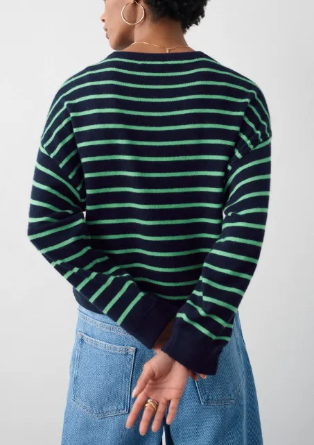 WHITE + WARREN CASHMERE DROP SHOULDER STRIPED SWEATSHIRT