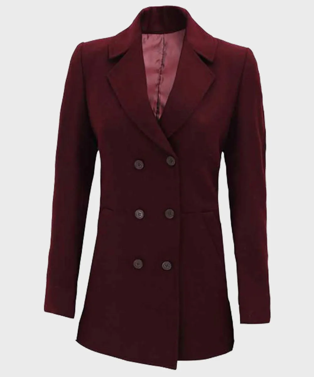 Womens Maroon Wool Peacoat | Double-Breasted Maroon Coat