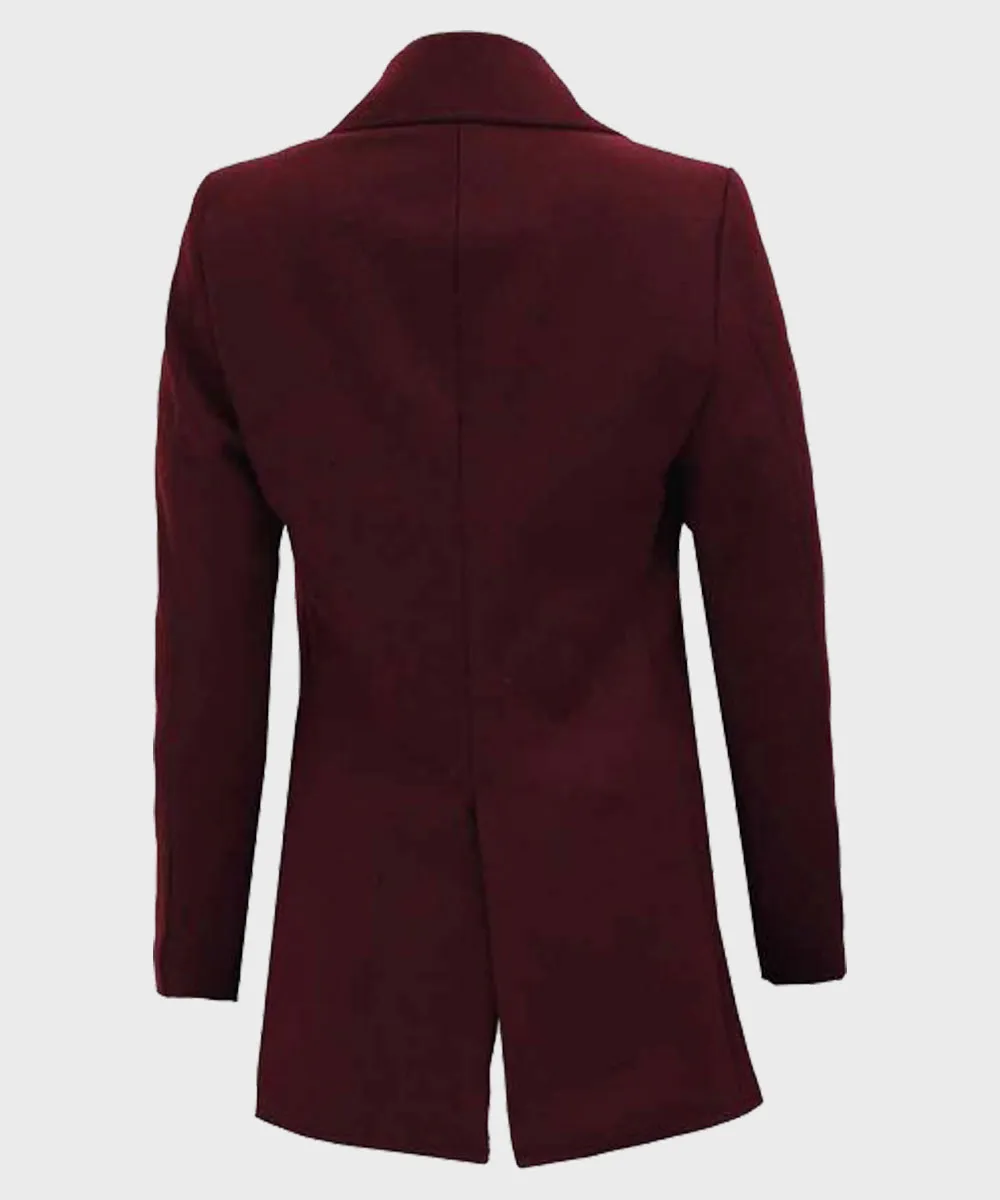 Womens Maroon Wool Peacoat | Double-Breasted Maroon Coat