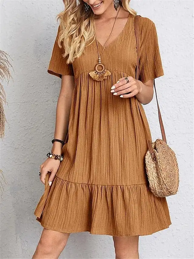 Women's Sleeveless Shift Dress with Ruffle V Neck