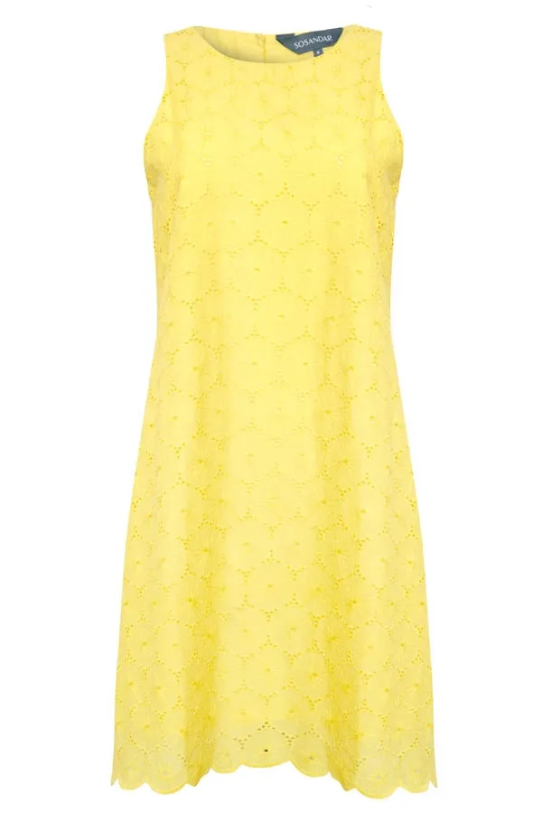 Yellow Scallop Hem Broderie Cotton Shift Dress